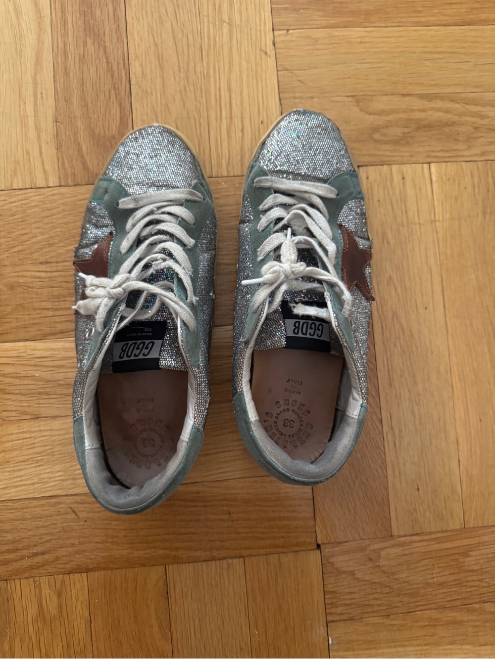 Golden Goose Silver Glitter Sneakers with Mint Suede and Brown Star